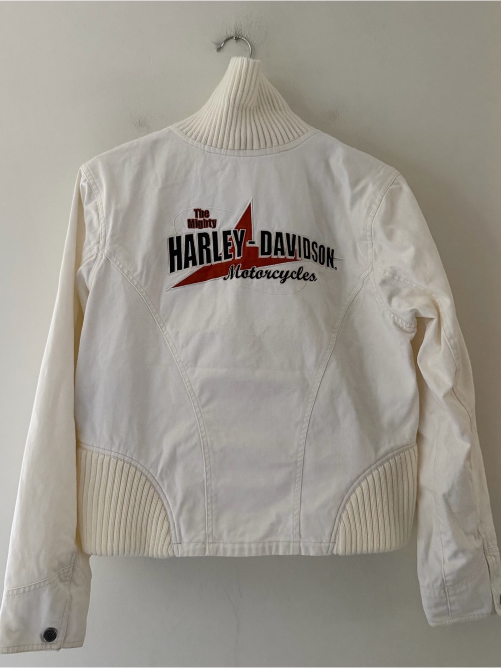 Harley-Davidson Vintage Jean Jacket Cream Ribbed Collar Logo Size XL
